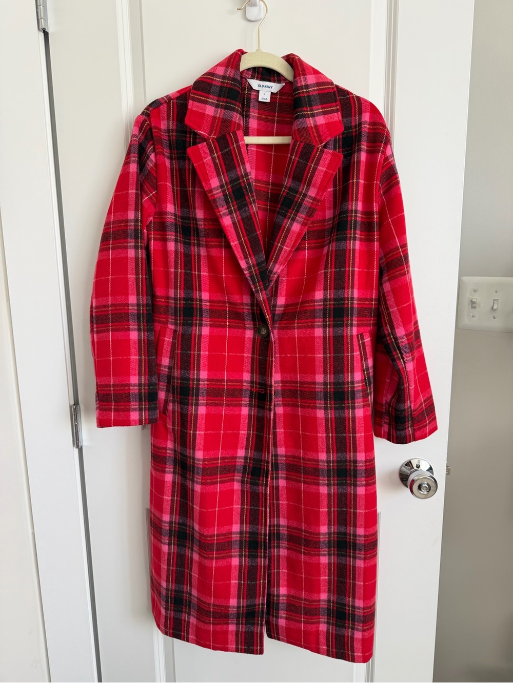 Old Navy Red, Pink and Black Plaid Long Pea Coat
